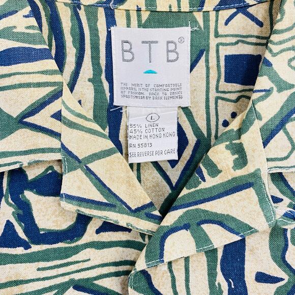 BTB Hawaiian Shirt Men's Large Tan Green Tropical Short Sleeve Button Up Linen - Picture 6 of 9